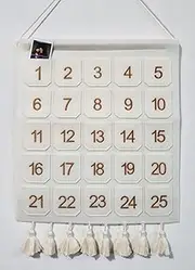 Felt Advent Calendar with Pockets (16” x 20”), Cream Christmas Calendar Countdown - Gold Embroider Numbers Photo Advent Calendar w/ 25 Small Pockets - Advent Calendars for Kids Chocolate & Candy