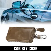 Leather Auto Key Fob Case Holder Smart Keychain Cover with Metal Hook Khaki