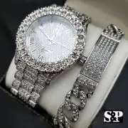 MEN'S ICED HIP HOP WHITE GOLD PT LAB DIAMOND BLING WATCH & BRACELET COMBO SET