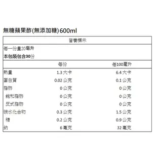 【工研醋】無糖蘋果醋 (無添加糖 濃縮水果醋) 600ml