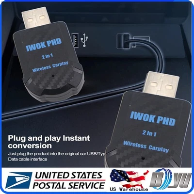 USB Plug&Play 2 in 1 Wireless Carplay Adapter For Apple iOS Android Auto Smart