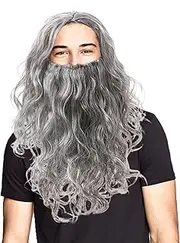 Wig And Beard Set - Realastic Beard | Long Role Play Wigs And Beards For Halloween | Long Gray Wizard Beards Or Wig For Halloween Parties, Role Play, Stage Show, Home Use Or Other Funtions