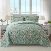 Cotton Bedspread Quilt Sets-Reversible Patchwork King European Teal Floral