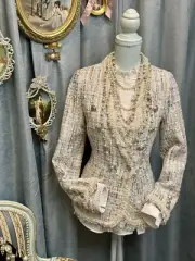 NWT Ivory Pink Fringe Pearl Trim Tweed Blazer Size S With Necklaces