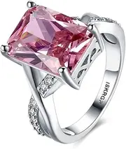 [SUKKCCNO] 18k White Gold Plated Crystal Rings Sterling Silver Pink 6 Carats Cushion Cut Super Light Pink CZ Cocktail Ring Engagement Wedding Ring