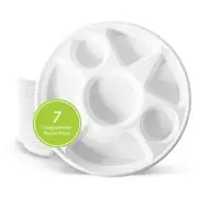 three leaf 7 COMPARTMENT BAGASSE ROUND PLATE, 100 Ct. Heavy-Duty- Super Stron...