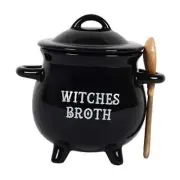 Witches Broth Cauldron Ceramic Bowl with Broom Spoon