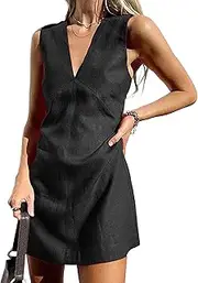 [Generic] Women's Summer Sleeveless Mini Dress Cotton Linen V Neck Cinched A Line Slim Tank Short Dress 2025
