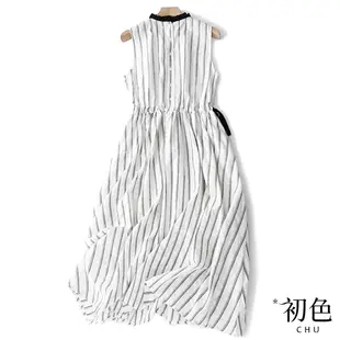 初色 清涼感撞色條紋系帶收腰顯瘦無袖圓領A字連身中長裙洋裝-白色-69799(M-2XL可選)