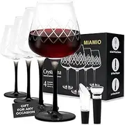 [MIAMIO] 480 ml Red Wine Glasses, Set of 4 Large Crystal Glasses With Black Long Stem + Wine Stopper & Aerator - Crystaluna Collection