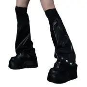 Grunge Over Knee Ribbed Top Leg Covers Harajuku Rivets Leather Flared Leg Warmer