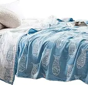 MEJU Fish Muslin Lightweight Summer Blanket for Bed Sofa Couch, 100% Combed Cotton 4 Layer Soft Warm Quick Dry Throw Blanket Bed Coverlet Sheet (Fish Blue, F/Q 78 X 90)