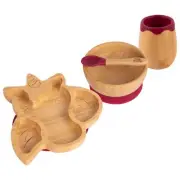 4pc Tiny Dining Red Unicorn Bamboo Baby Feeding Set Weaning Plate Bowl Spoon