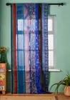 2Pc Indian Sari Patchwork Curtain Drape Window Decor Blue Silk Sari Curtain
