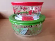 New Llama Falalalala Pyrex 4 Cup Bowl Light Green Lid & 2 Cup Bowl Red Lid