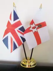 UNION JACK AND NORTHERN IRELAND TABLE FLAG SET 2 flags plus GOLDEN BASE