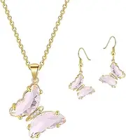 [Hebelee] Butterfly Necklace Dangle Earrings Jewelry Set for Women Golden Plated Crystal Animal Chain Shiny Choker Pendant Collar Earring Charm Necklace Minimalist Dainty Birthstone Statement for Anniversary