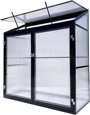 Augaden Aluminium Greenhouse,Lean-to Outdoor Garden with Back Panel,Lockable Door,for Patio and Backyard,Polycarbonate Hobby Green House with Vent Window,0.68m²,130*55*140cm,Black