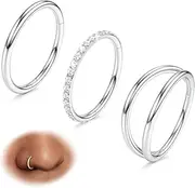 POATOW 3pcs Nose Rings Hoops,316L Surgical Steel Double Hoop Nose Rings 16G/18G/20G Hinged CZ Conch Piercing Jewelry Septum Clicker Lip Rings Cartilage Earring Helix Rook Tragus Daith 7mm/8mm/9mm/10mm
