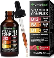 Vitamin B Complex Liquid Drops 60ml | B12 5000 mcg, B6 3400 mcg, & B1 2400 mcg | Vitamin B Complex with Vitamin B6 | Liquid B12 Methylcobalamin Supports Energy, Brain & Heart | Raspberry Flavor