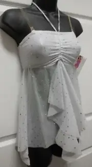 Jazz top White Silver Sheer Holiday Sparkle Top/Skirt Clear Straps Pointed Hem