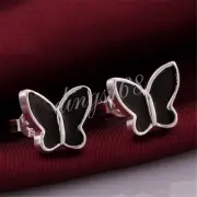 925Sterling Silver Hypoallergenic BLACK Enamel Butterfly Stud Post Earrings J876
