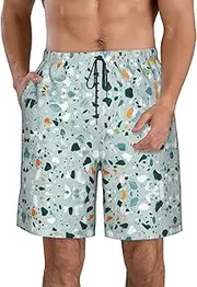 [OAROK] Terrazzo Marble Pastel Men's Casual Beach Shorts Quick Drying Shorts Men's Stretch Swim Trunks Daily Wear Style, White, Large
