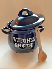 NEW Halloween Witches Broth Ceramic Cauldron Bowl with Broom Spoon & Lid