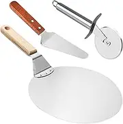 Pizza Tools, Pizza Oven Accessory Kit | 3 Piece Baking Tools Set of Pizza Shovels | Pizza Cutter Rocker, Metal Pizza Spatula with Wooden Handle for Dough, and Baking