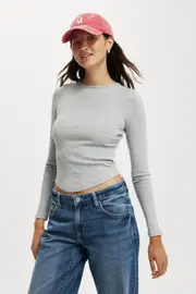 [Cotton On Women] Cotton On Women - Sasha Pointelle Low Back Long Sleeve Top - Grey marle S GREY MARLE