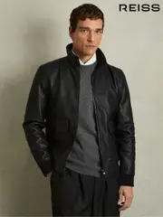 Reiss Black Reed Pebbled-Leather Funnel-Neck Jacket (AY7539) | $875