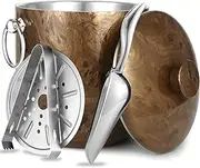 WENEGG Ice Bucket with Lid, Scoop, Tongs and Strainer - Well Made Insulated Stainless Steel Keep Frozen Longer Ideal for Cocktail Bar, Parties, Chilling Wine, Champagne 3 Liter (Teakwood)