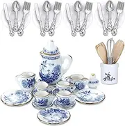 37 Pieces 1:12 Scale Miniatures Dollhouse Kitchen Accessories Include 16 Mini Doll Plates Knife Fork Spoon, 6 Mini Egg Beater Utensil, 15 Mini Tea Cup Set for Doll Toy Supplies (Blue Porcelain)