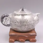 Solid S999 Fine Silver Teapot Carved Vintage Eight Immortals Wine Tea Pot 5inch