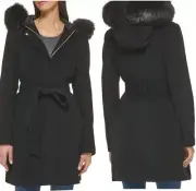 Cole Haan Hooded Slick Wool With Detatchable Faux Fur Trim Coat Size 4~NWT