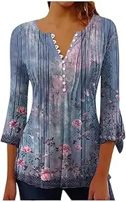 [Generic] Daily Leisure Blouses Womens Tops Casual Front Up V Neck Tunic Shirts Floral Prints Ruched Flowy Spring Summer Tees Running Tshirts for Women