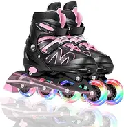 Adjustable Inline Skates for Kids with All Light up Wheels Outdoor Indoor Roller Blades for Girls，Boys,Teens and Beginners (Pink, Medium (1-4Y US))