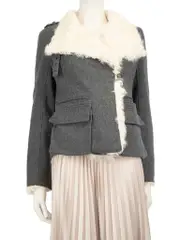 Grey Mid Length White Lamb Fur Trim Coat