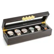 Large 6 Slot Wooden Watch Box For Men - Luxury Gold Accents Display Case Holder