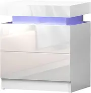 Artiss Bedside Table RGB LED White High Gloss with 2 Drawers and Lift Up Storage Nightstand, Bedroom Furniture, Bed End Side Cabinet Narrow Space Organiser Unit Living Room Home