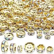 Rhinestone Spacer Beads,300pcs Rhinestone Rondelle Beads Gold Plated Spacer Beads AB Crystal Loose Beads for Jewelry Making, 6mm 8mm 10mm Diameter