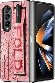 Asuwish Phone Case for Samsung Galaxy Z Fold 3 5G 2021 and Cell Accessories Leather Cover with S Pen Holder Slot Wrist Strap Protective Hard Rugged Hybrid ZFold3 Z3 Fold3 3Z ZFold35G Women Men Pink
