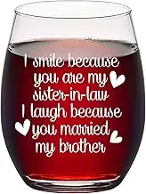 Sister in Law Gifts, Stemless Wine Glass for Sister in Law Sister Women Birthday Bride Bridal Shower Engagement Party Wedding Christmas, Funny Wine Gifts, 15Oz