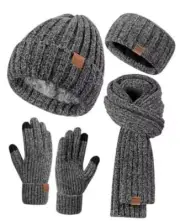 Women Beanie Scarf Gloves Headband Set, Chenille Winter Hats Fleece Lined Gray