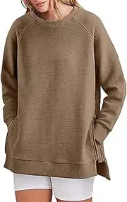 [Generic] Light Sweatshirts Women Fall Tunic Tops Crew Neck Soft Pullover with Side Zipper Shirt Clothes 2023 Large Ladies Sweatshirts