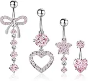 Meng Jiaran 4Pcs Belly Button Bars Stainless Steel Belly Button Piercing Rings Hypoallergenic Belly Bars Rings 14G Heart Bow Navel Piercing Jewelry for Womens Girls