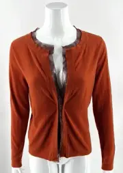 New York & Co Cardigan Sweater M Burnt Orange Chiffon Trim Hook Eye Closure NEW