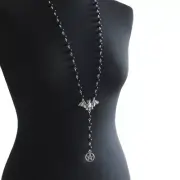 Rosary Necklace Gothic Silver Bat Pendant Pagan Pentagram Pendant Necklace