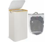 110 liter laundry basket with mesh pocket and lid (beige), bamboo handle, XXL foldable laundry basket