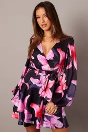 Black Floral Wrap Dress Balloon Sleeve Floaty Skater Dress - Size 8, Women's Skater Dress